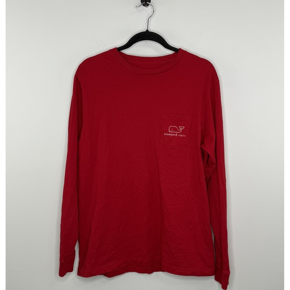 Vineyard Vines Shirt Men's Medium Red Long Sleeve Whale Spell Out Logo Crew Neck